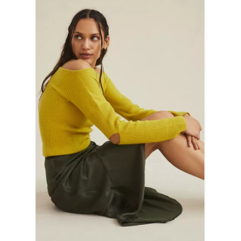 Anthropologie Off the Shoulder Cashmere‎ Sweater Ribbed Slit Elbow Chartreuse S